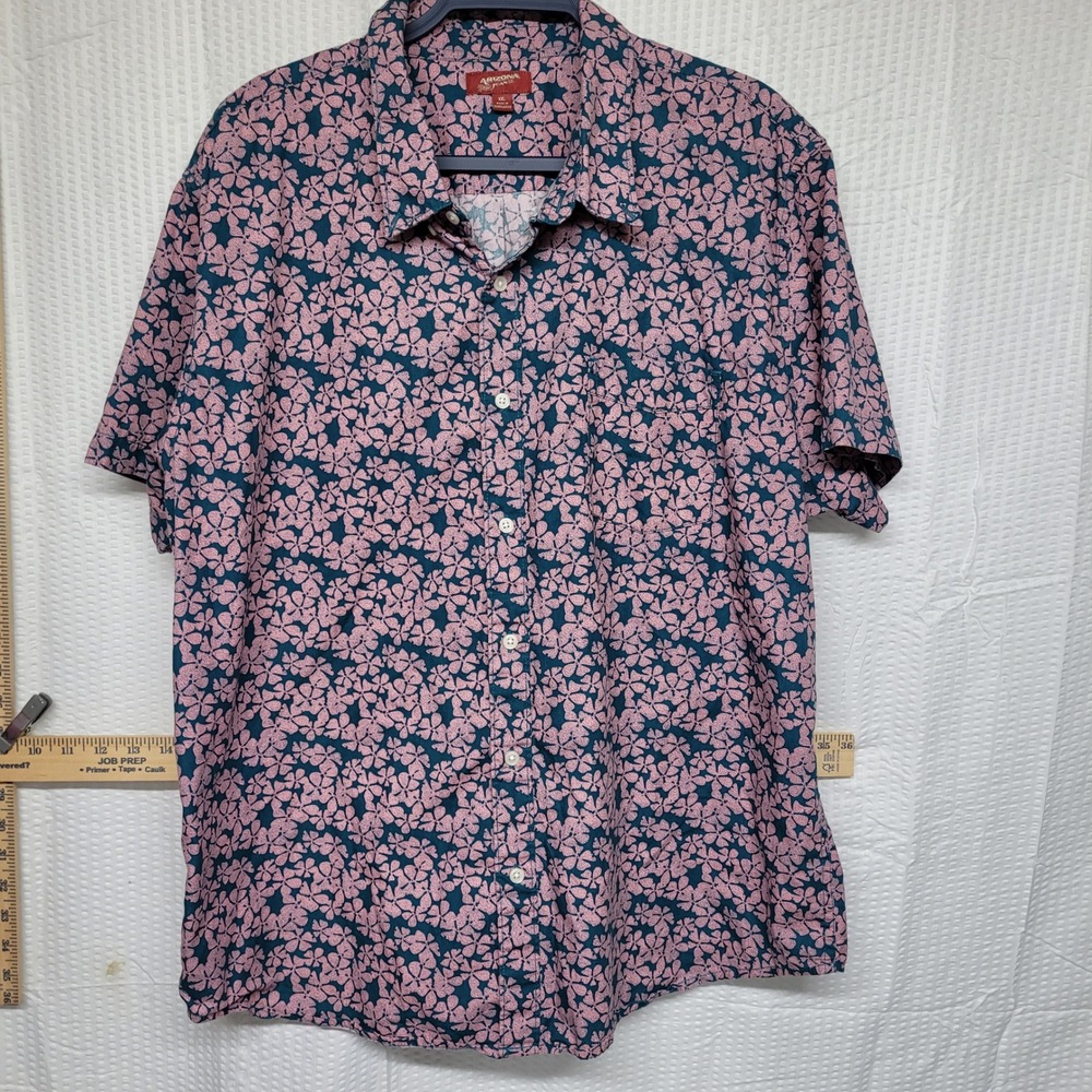 Arizona Jean Co Mens XXL Pink Floral Button Down Shirt Short Sleeve Cotton Teal